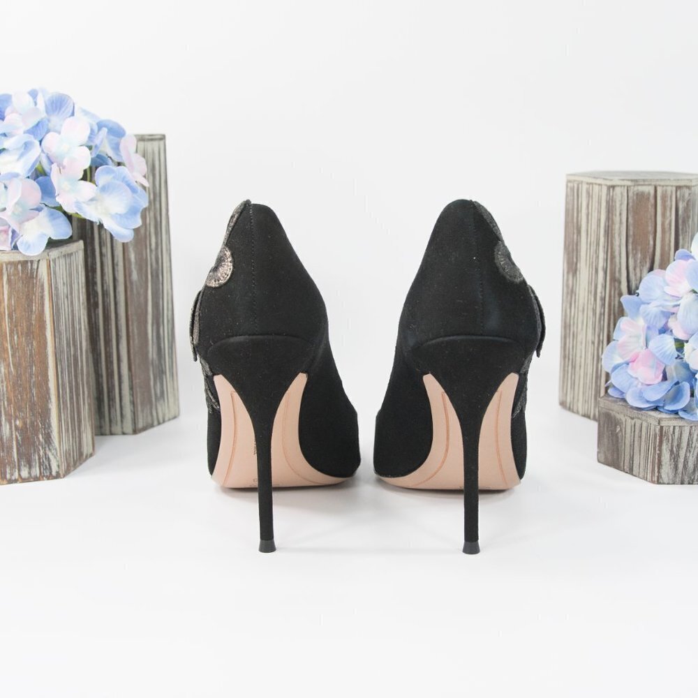 Sophia Webster Black Floral Applique Suede Heels - Picture 6 of 8